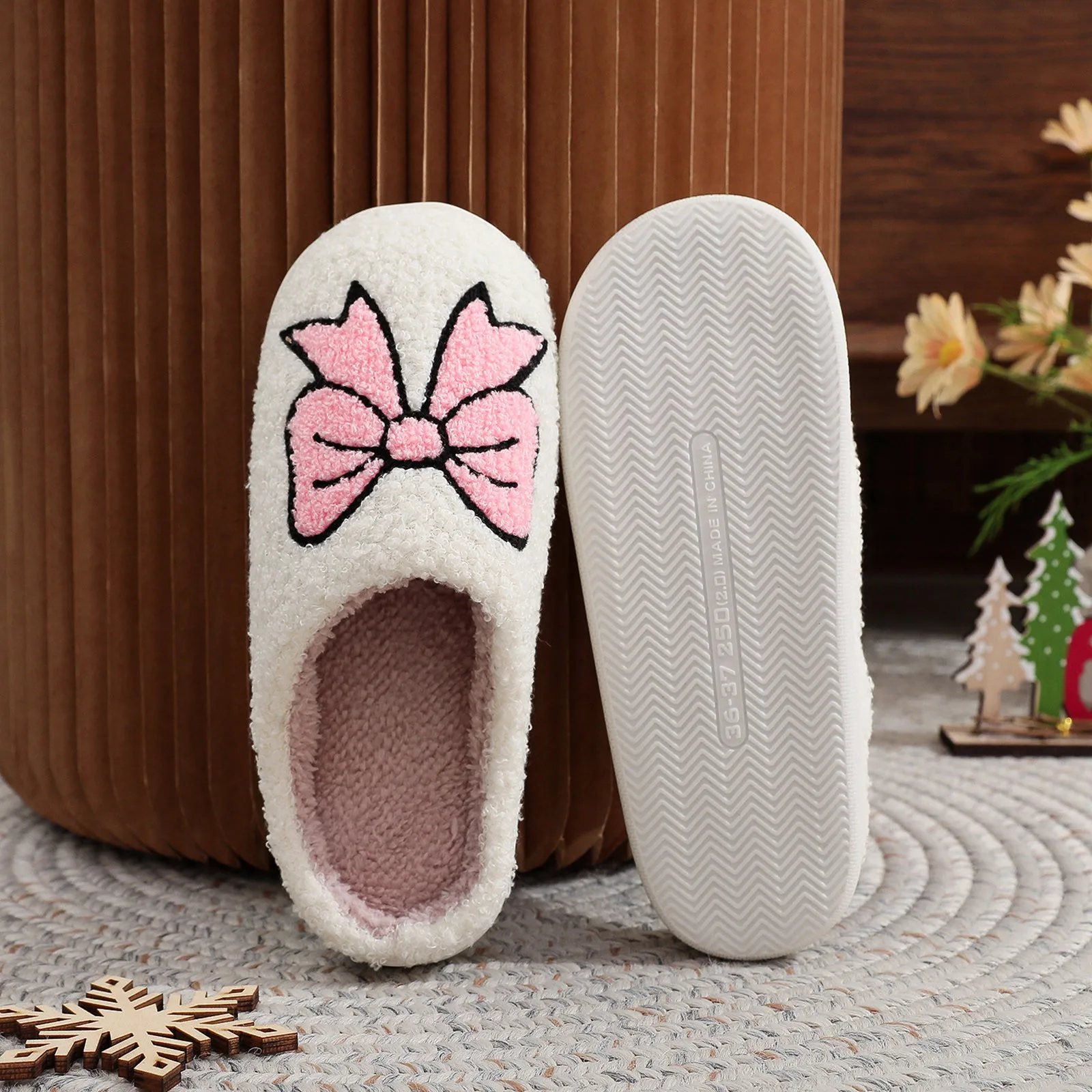 Fashion Cute Pretty Bow Women Slippers Indoor Winter Soft Sole Exquisite Warm Graceful Causal Dormitory Comfy Flat Cotton Shoes