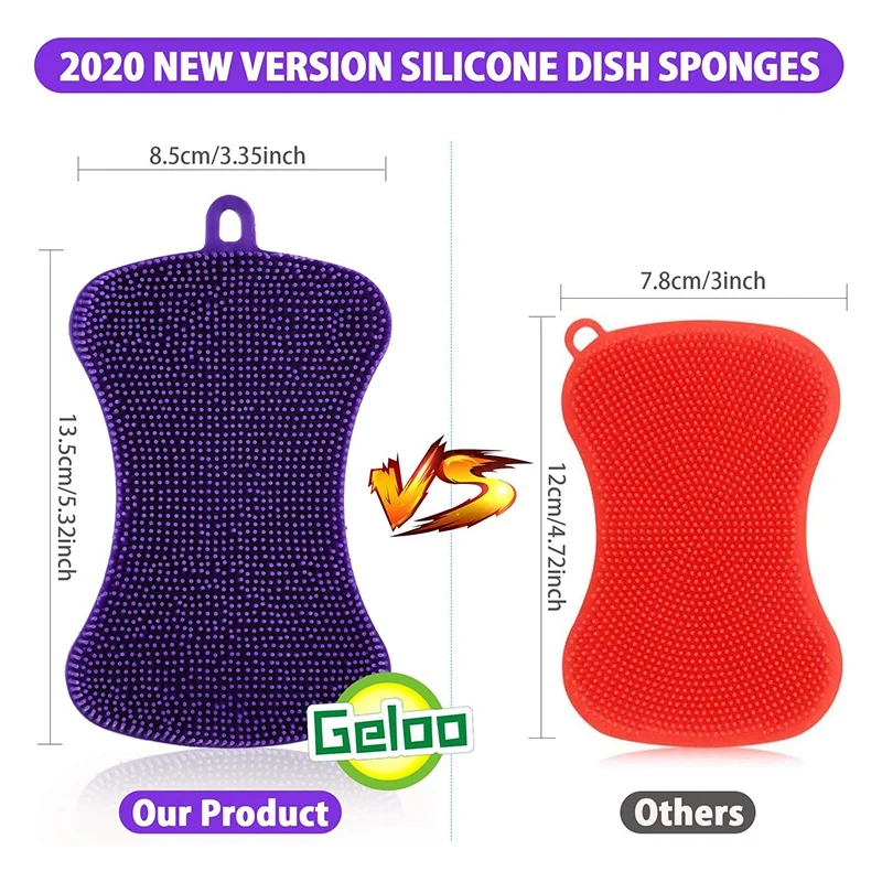 Larger Size Silicone Sponge, for Dishes Washing Kitchen Gadgets,Double Sided Silicone Sponge Brush (Purple,2 PCS)