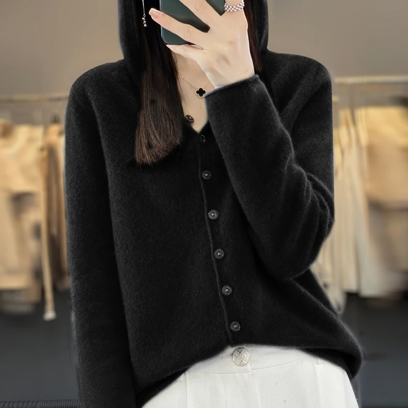 Fall/Winter 2024 New 100% Merino Sweater Women\'s Hooded Cardigan Loose Sweater Long Sleeve Button Knitted Sweater Jacket