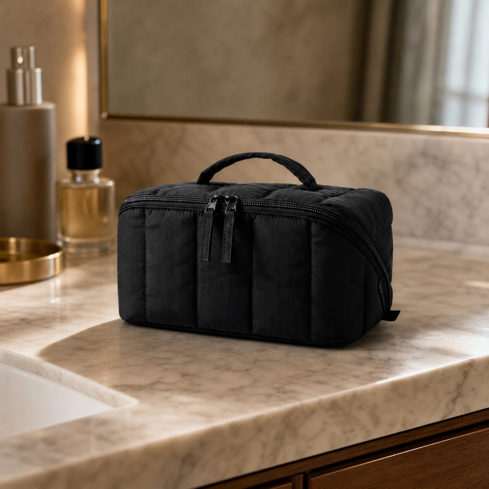 Travel Toiletry Bag with Handle Water-Resistant Travel Toiletry Bag Quilted Cosmetic Pouch Zippered Wipe-Clean for Weekend Trips