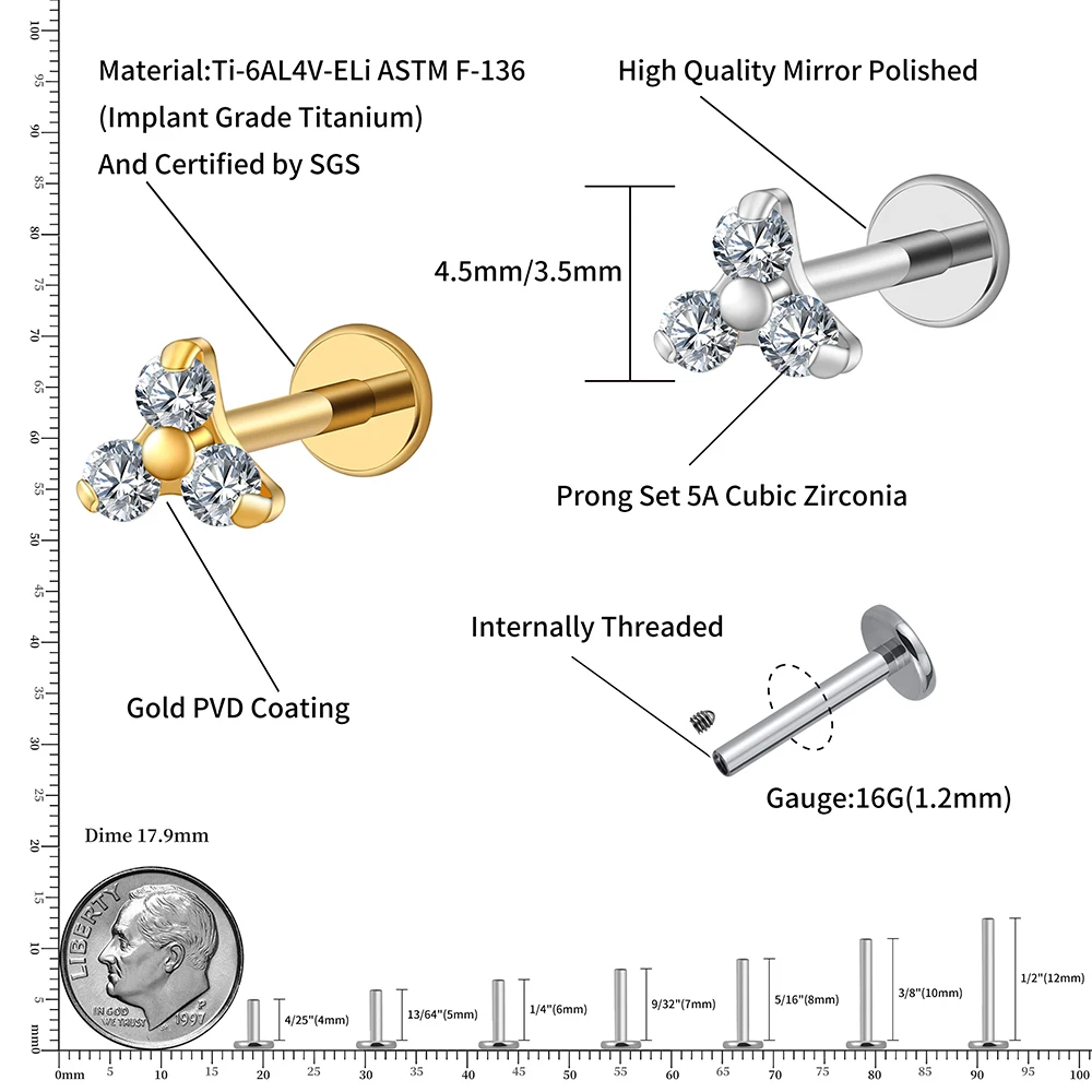 Right Grand ASTM F136 Titanium 16G Triple CZ Cartilage Helix Earring Trinity CZ Tragus Stud Conch Earlobe Lip Piercing Jewelry