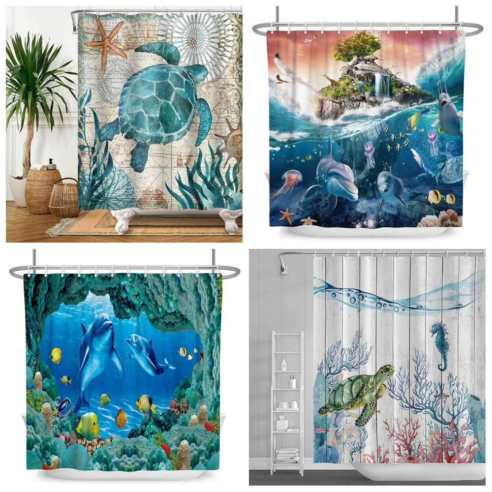 Underwater World Bathroom Shower Curtain Sea Turtle Dolphin Ocean Creature Landscape  s  Waterproof