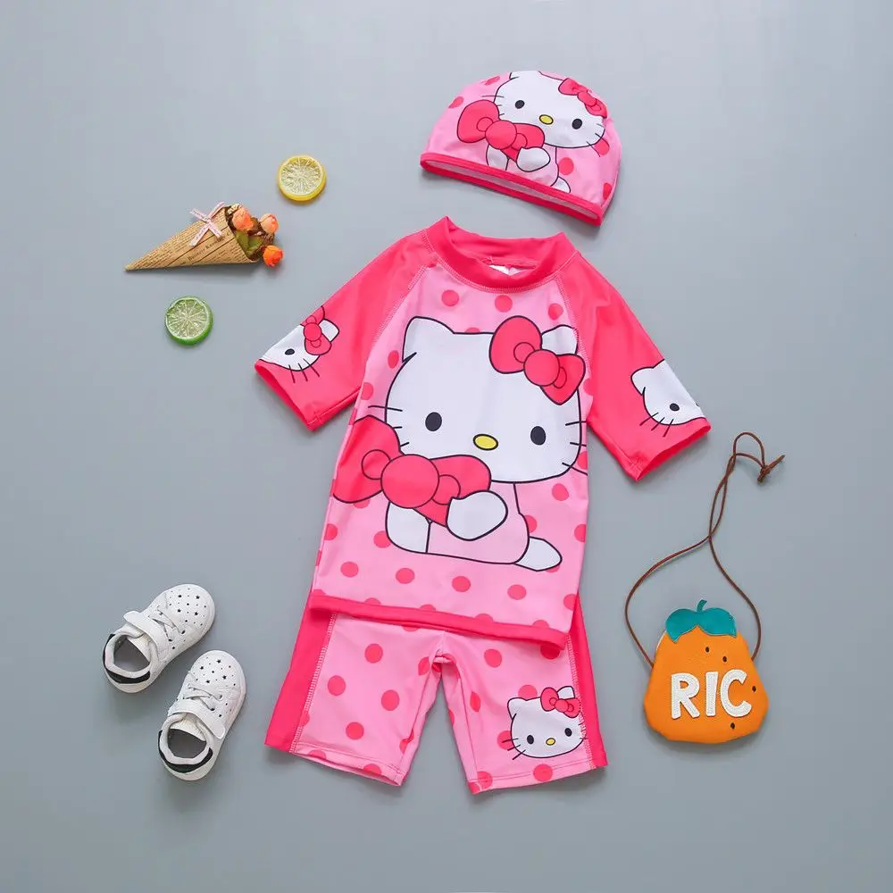 Kawaii Hello Kitty costume da bagno 3 pezzi Sanrio Cute Anime costumi da bagno manica corta costume da bagno abbigliamento da spiaggia regalo per ragazze