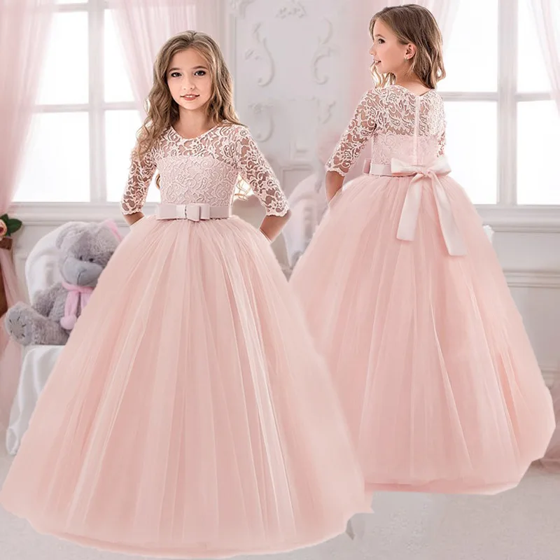 Vestido de princesa con lazo bordado de encaje para niñas, vestido de tul de manga larga para niños pequeños, primera comunión, dama de honor, boda, fiesta de cumpleaños