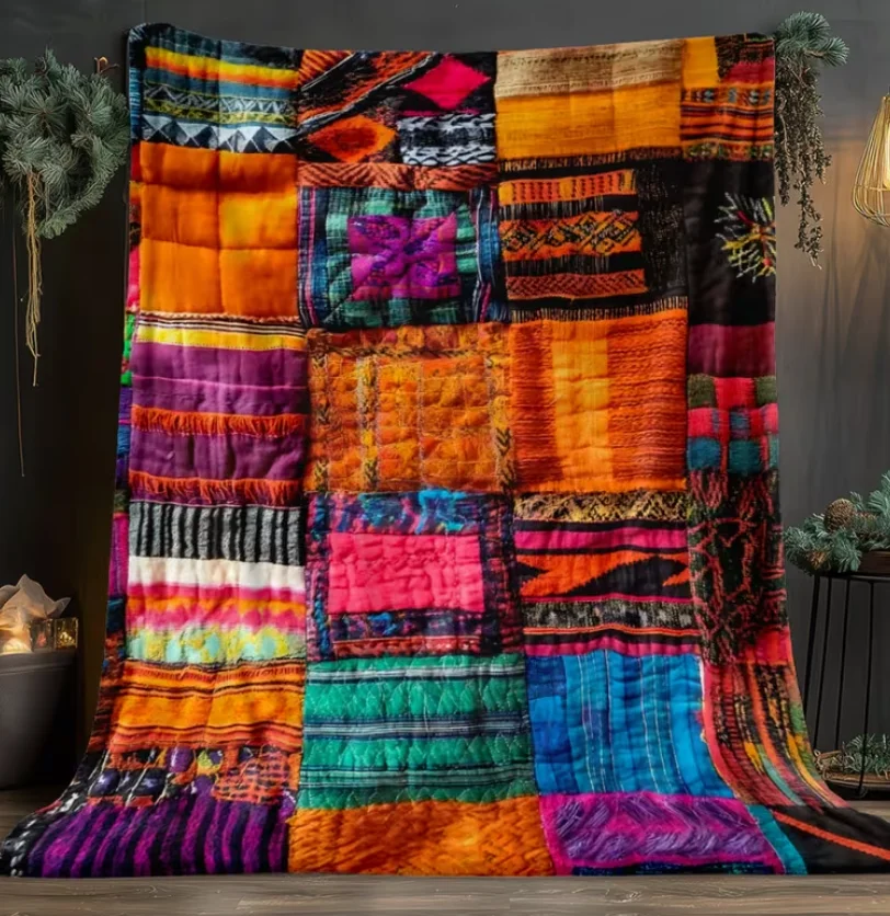 Farbenfrohe Patchwork-Blumen-Quiltdecke, Weiche Polyester-Wurfdecke mit Modernem Geometrischem Muster für Ganzjahres-Komfort, Ideal für Wohndekoration – Detail 1