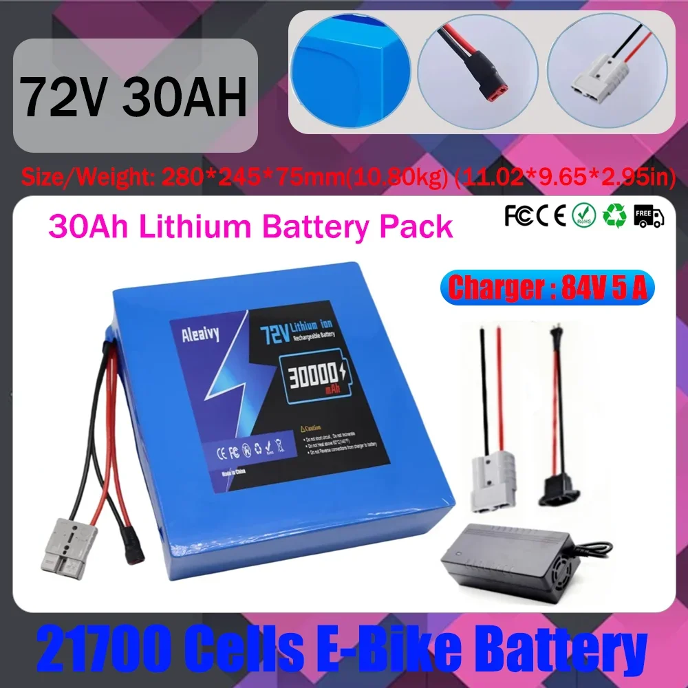 

New Aleaivy 72V30Ah Electric Bike Lithium Battery Pack 30000mAh Li ion Ebike Battery for Bicycle Scooter Motorcycle with Charger