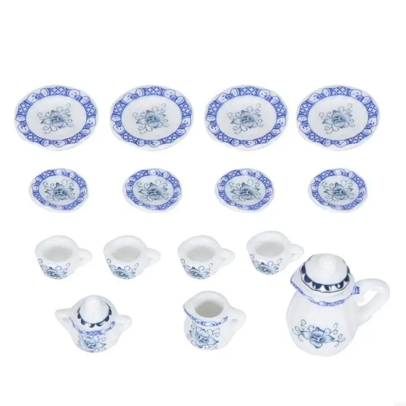 090B Miniature Porcelains Cup Set 15 Pieces Accessory for Dollhouses Collector