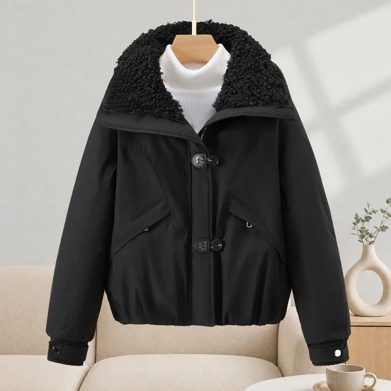 New Fleece Collar Padded Parka Women Double Breasted Slant Pockets Elastic Hem Oversize Solid Cozy Winter Trendy