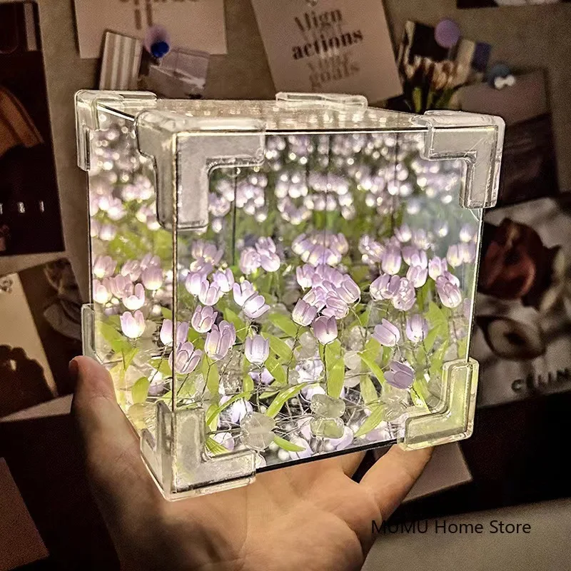 DIY 3D Cloud Tulip LED Night Light Flower Sea Mirror Table Lamps Cube Mirror Atmosphere Night Light Bedroom Decor Table Lamp
