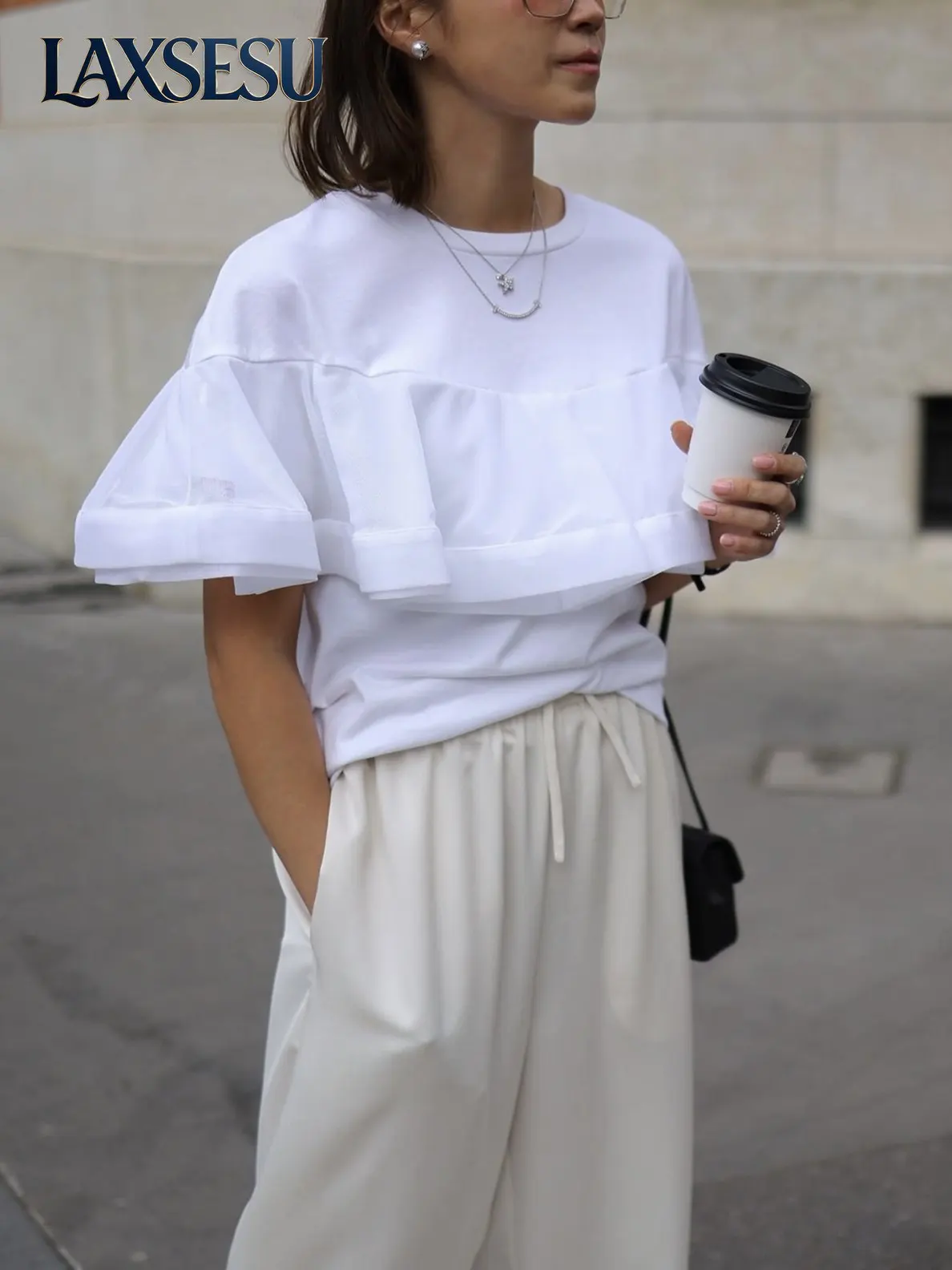Fashion Patchwork Small Flying Short Sleeve T-shirt Japanese Style Crew Neck Solid Color White Tee Summer Women's Tops