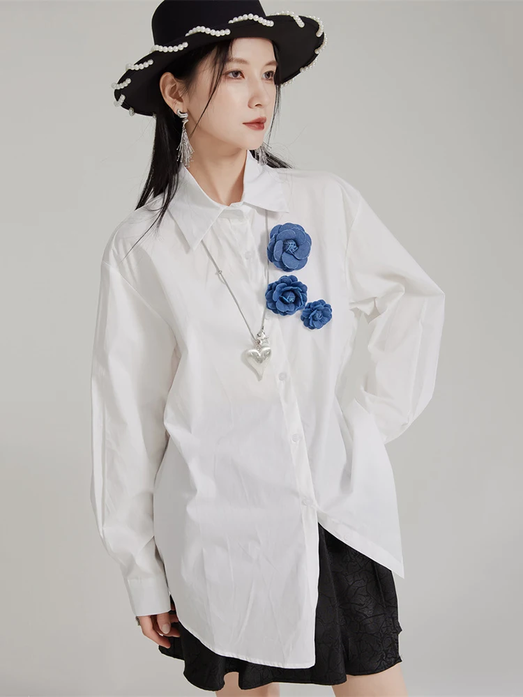 Women White Blue Flower Big Size Elegant Blouse New Lapel Long Sleeve Shirt Fashion Tide Spring Autumn