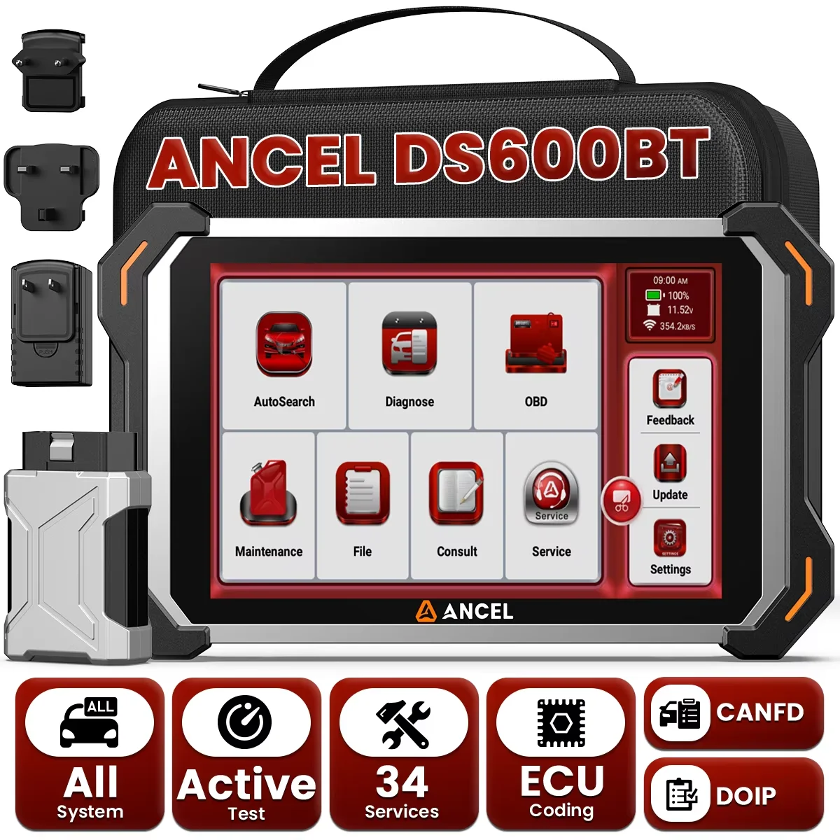 ANCEL DS600 BT 8 inch Car Auto OBD2 Scanner All System CAN FD/DOIP Bidirectional Scan Tool 34+ Reset ECU Coding Diagnostic Tools