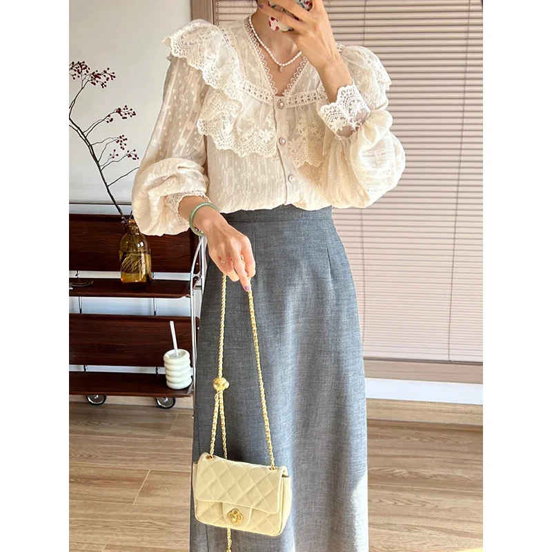 Vintage French Shirts Women Elegant Lace Long Sleeve Flounce Blouse Female Sweet High Quality Office Lady Fashion Tops Mujer New