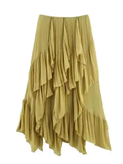 신상 하이웨이스트 미디 스커트 여성 봄 여름 가을 시즌 하이웨이스트 비대칭 플리츠 스커트 직사각형 바디...