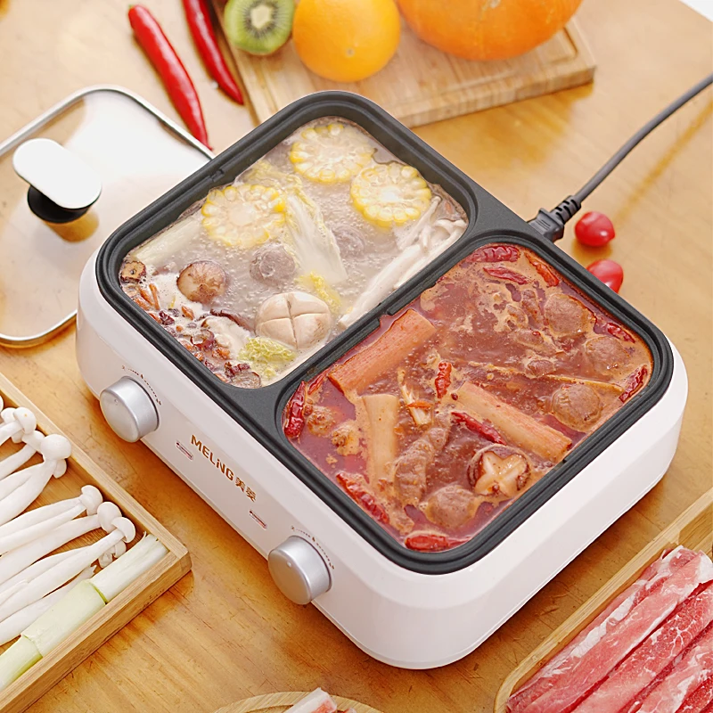 Divided Electric Hot Pot and Grill Set Double Noodle Multifunction Chinese Hot Pot Vegetable Christmas Fondue Chinoise Cookware