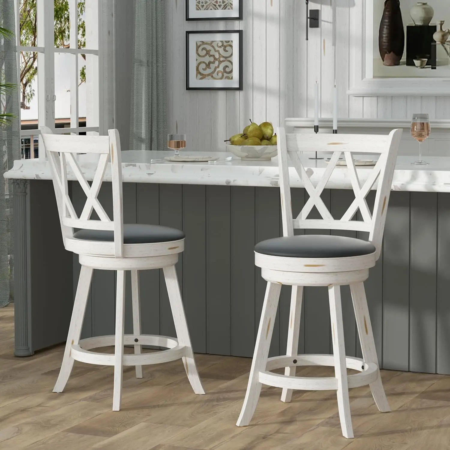 

24" Counter Height Swivel Bar Stools - High Back Swivel Counter Stools With Upholstered Seat & Solid Wood Footrest,, Customized