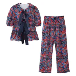 HH Women Fashion Floral Print Pant Sets Bow Lace Up O Neck Shirts Top High Waist Trousers Suits Spring Female Bohemia Outfit