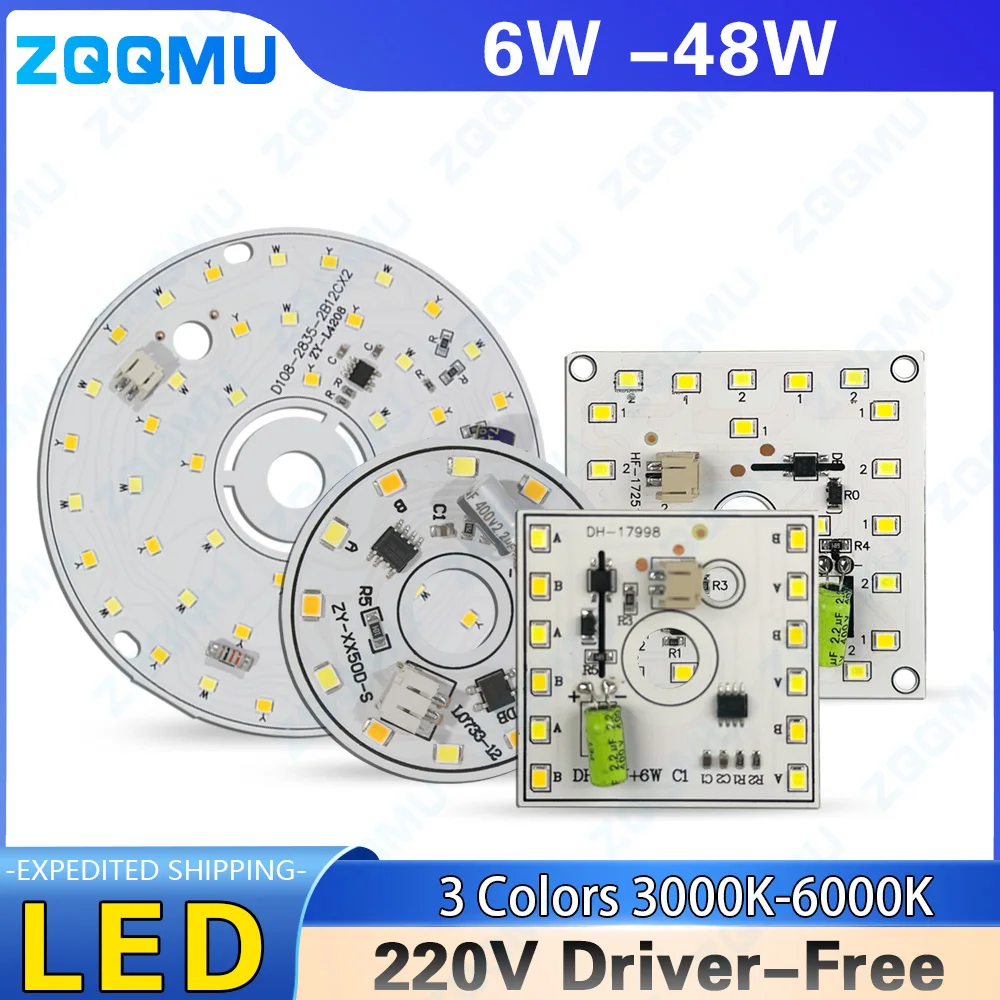 LED Light Board 6W 12W 24W 220V With Driver Light Square Round PCB Board 3 Colors Replacement High Voltage Light Source Board