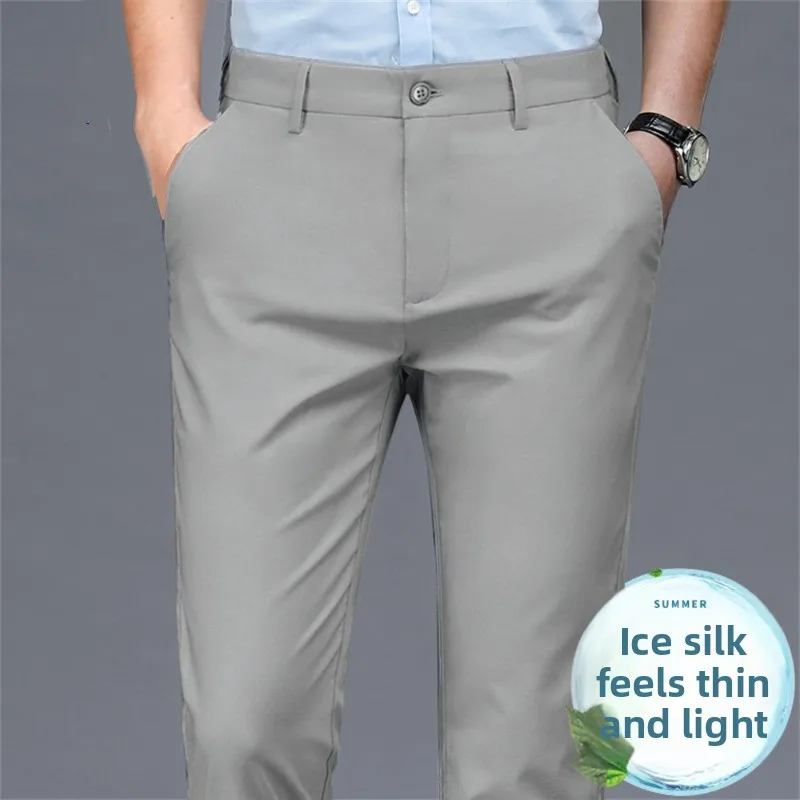 

Busin Casual Ice Silk No Iron Straight Leg Men's Pants Thin Anti-Wrinkle Long Trousers Lightweight Comfortable Summer Work...