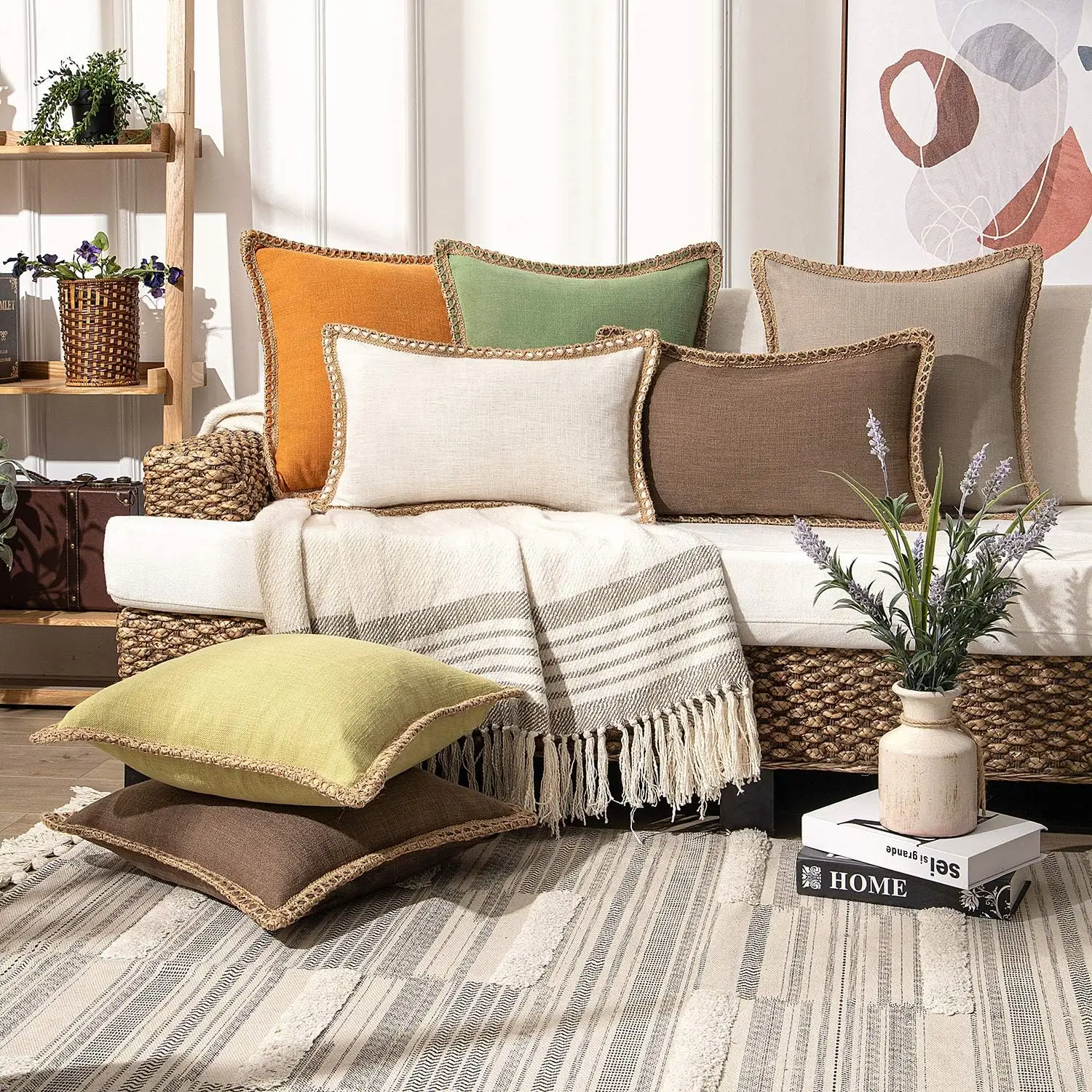 1/2PCS Bauernhaus Kissenbezug Moderne Herbst Dekorative Dekokissen Abdeckung Sackleinen Leinen Getrimmt Maßgeschneiderte Kanten Outdoor Kissen Abdeckung