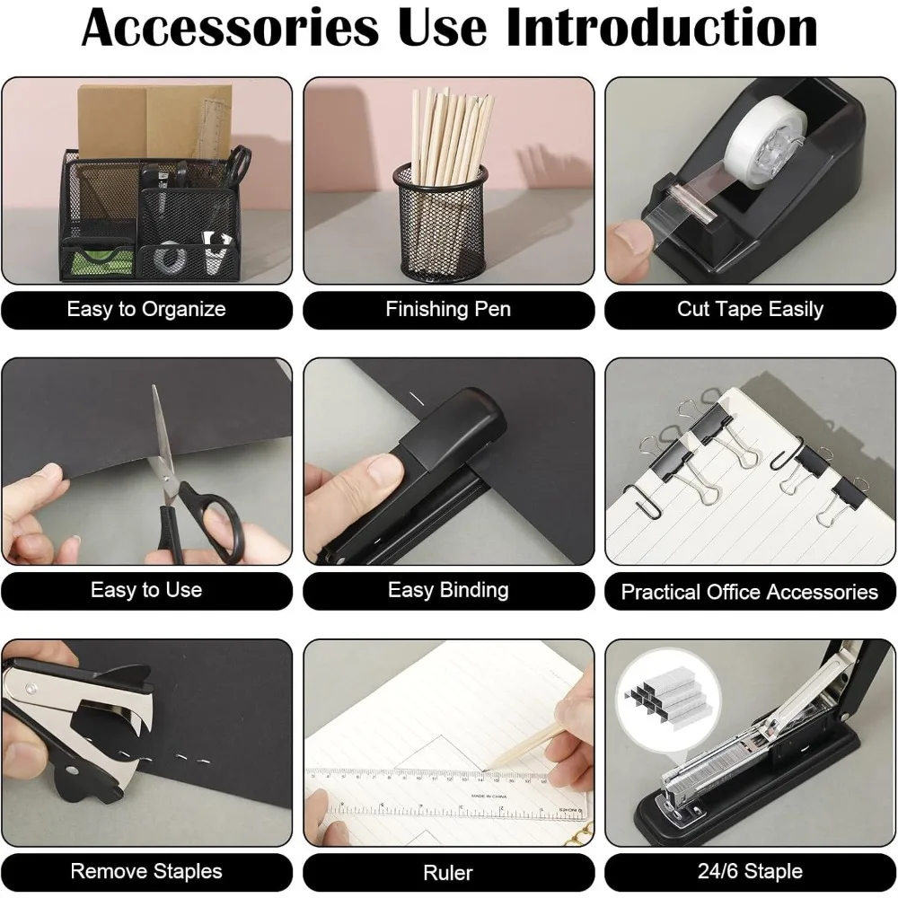 black desk organizer and accessories, black desk asccessories office supply kit include mesh desktop organizer stapler 1000 stap