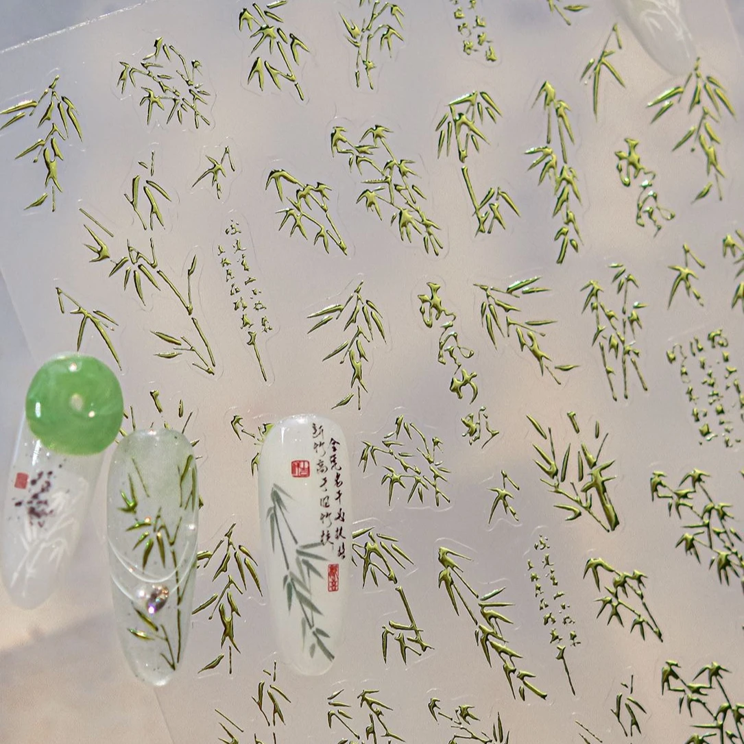 สติกเกอร์ติดเล็บลายใบไผ่สีเขียวทองโบราณขาวดำลายตัวอักษรจีนธรรมชาติสำหรับตกแต่งเล็บ
