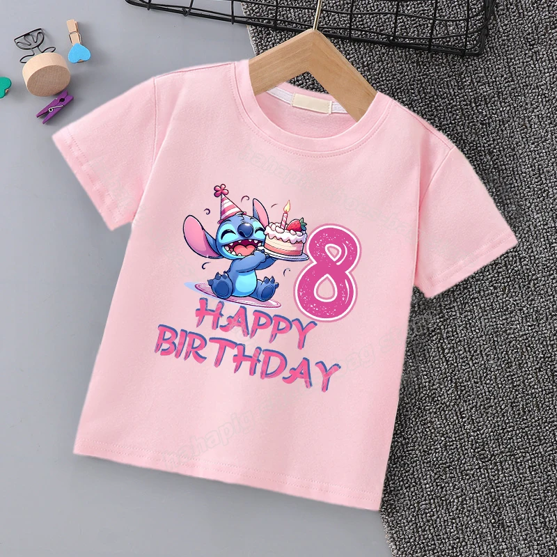 Lilo Stitch Number T-Shirt for Girl Birthday Clothes Summer Short Sleeve Pink T Shirts Casual Kids Clothes Cute Cartoon Tee Tops