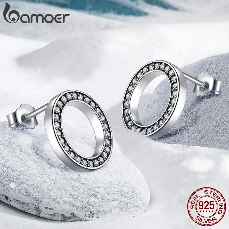 BAMOER Forever Clear CZ 925 boucles d'oreilles rondes en argent Sterling avec Bijoux CZ cadeau Oorbellen Bijoux PAS437
