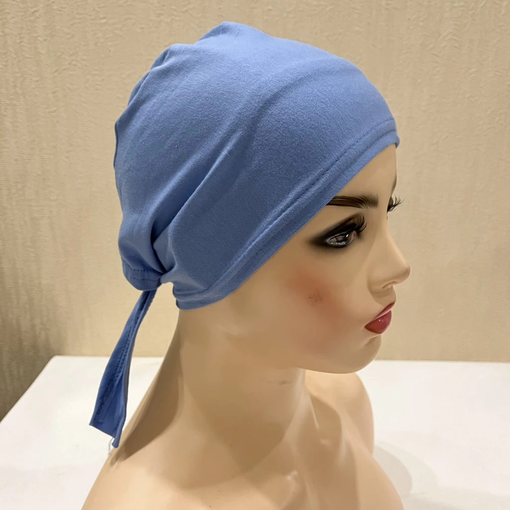 H048 Plain Cotton Tie Back Hats Muslim Turban Pure Color Stretch Inner Hijabs Underscarf Women Head Scarf Under Hijab Bonnet