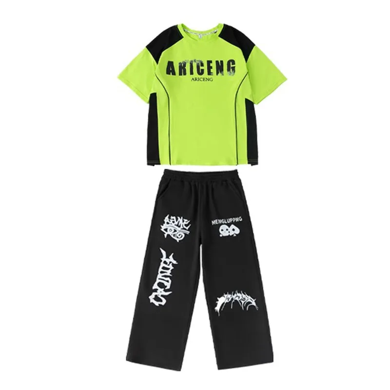 Ropa de Hip Hop Kpop para chico, camiseta gráfica verde, pantalones de chándal anchos informales con estampado negro para niña y niño, traje de baile de Jazz