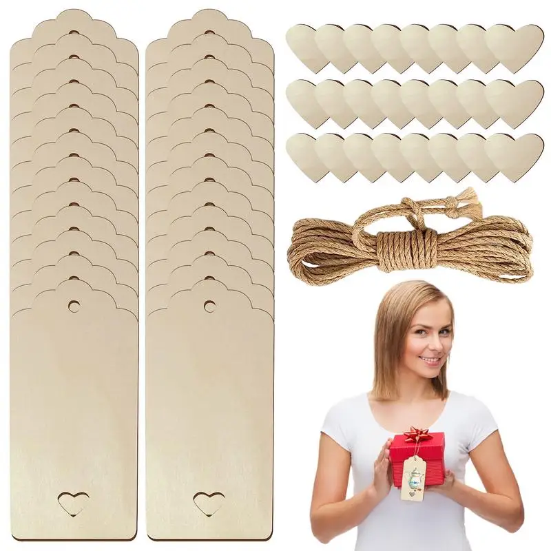 Wooden Bookmarks Blank 24pcs Wood Blank Bookmarks With Hearts DIY Bookmarks With 3.5 Meters Rope Blank Bookmarks Ornament For