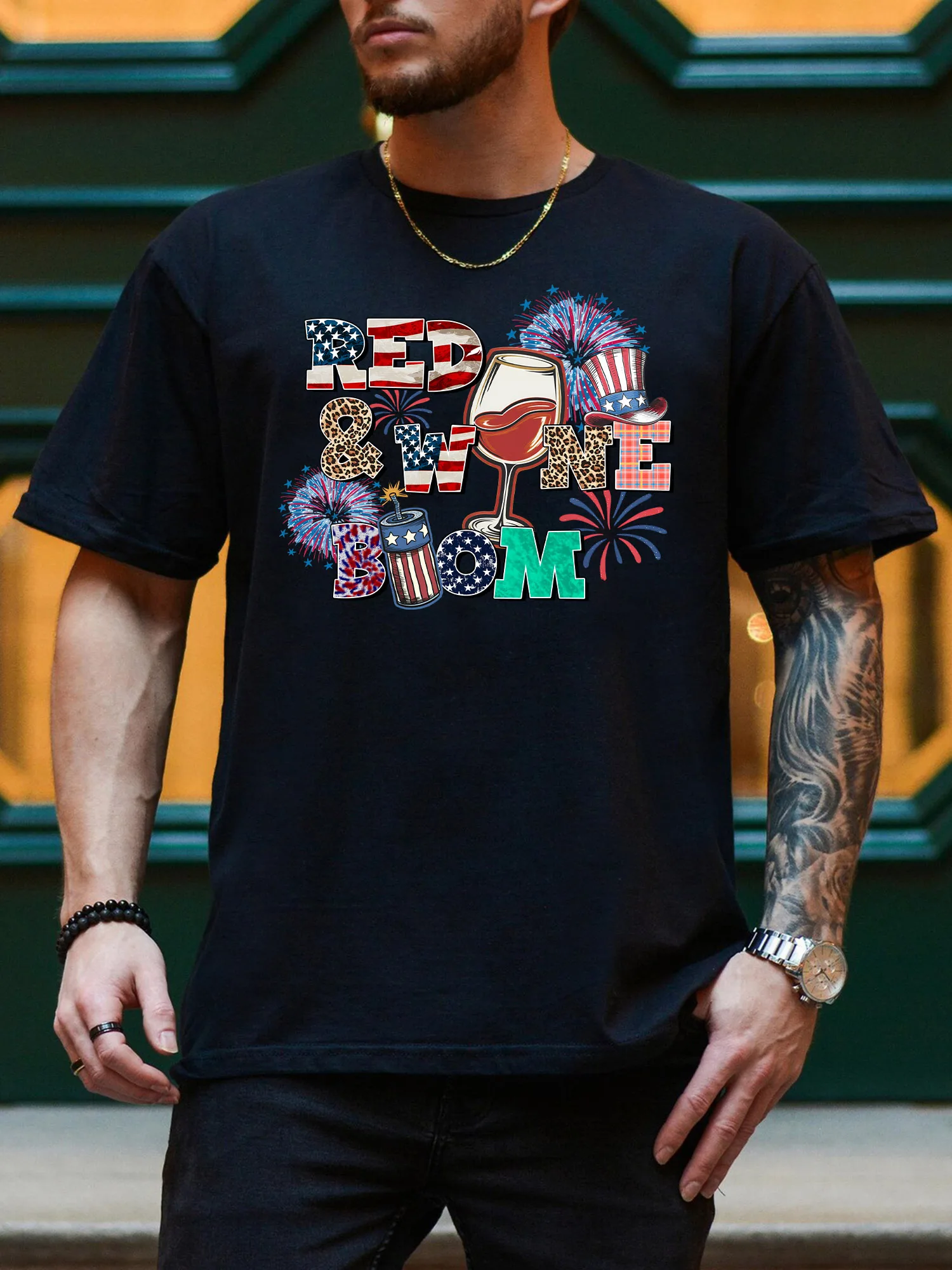

Red Wine Boom Men's Graphic Tee, Pure Cotton Casual Black T-Shirt, Lightweight Round Neck Tee
