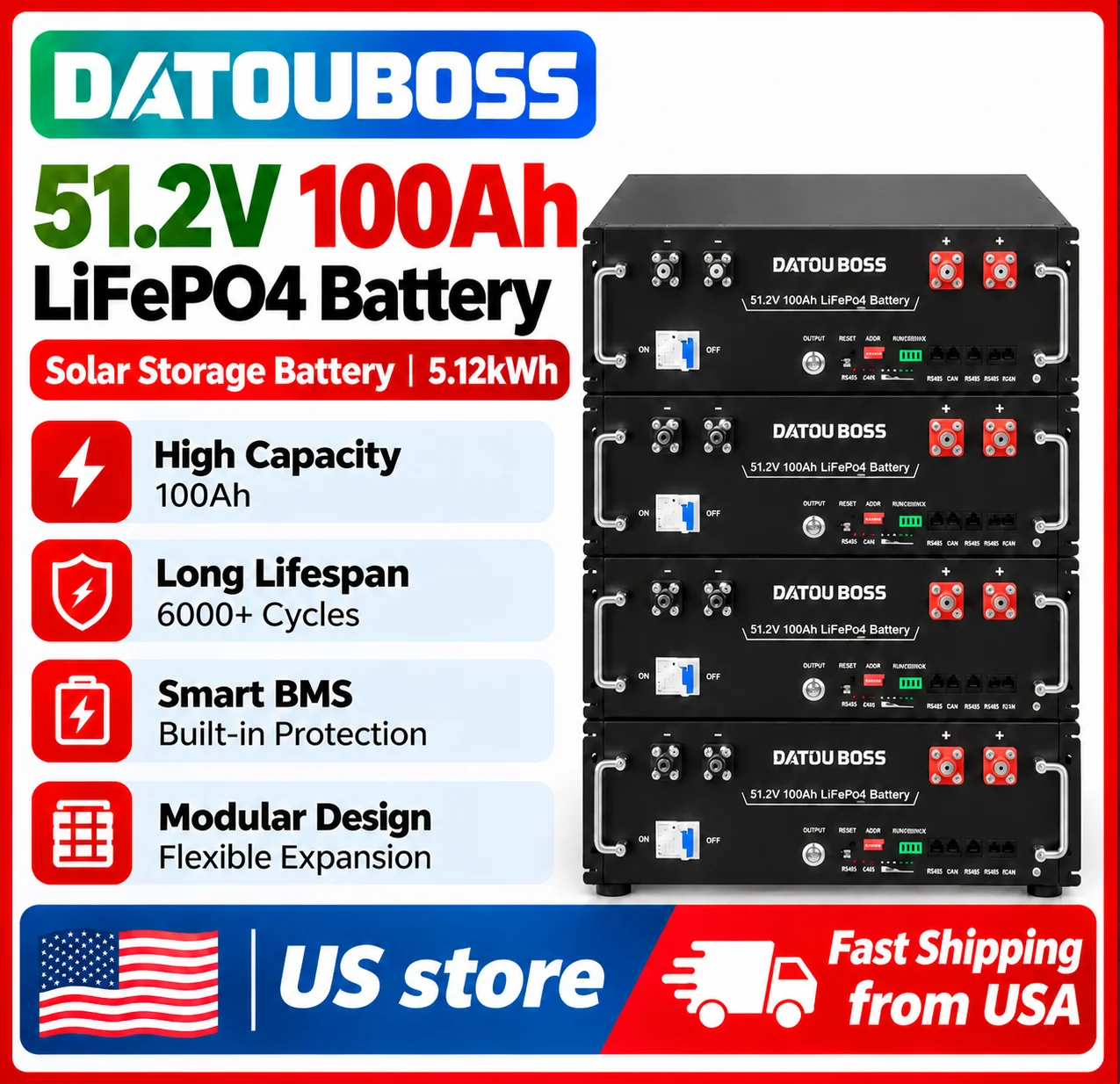 DATOUBOSS 51.2V 100Ah 5.12KWh LiFePO4 Battery Grade A Cells Built-In 100A BMS Soc 6000+Cycles Life With APP Bluetoooth