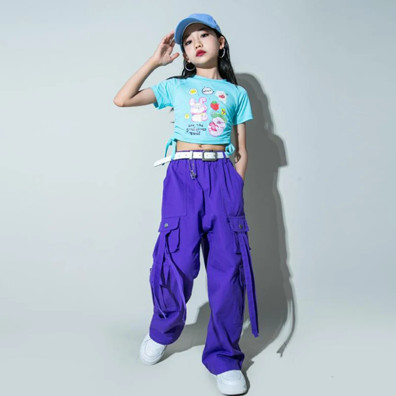 Hip Hop Girls T-shirt Street Dance Solid Cargo Pants Child Candy Color Streetwear Crop Top Clothes Set Kids Sweet Jazz Costumes