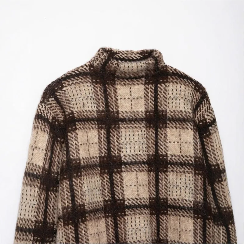 Knitted shirt women Retro 2025 autumn/winter casua lazy Checkered Jacquard Half High Neck Shirt long sleeved basic Simple