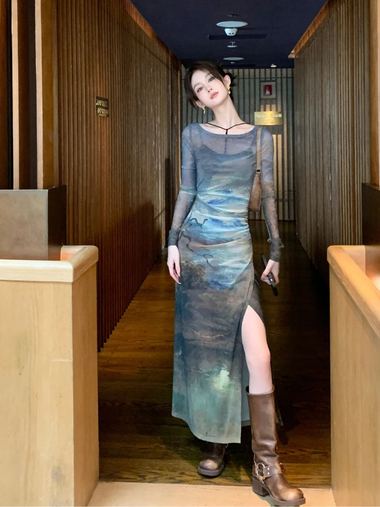 2025, neues Herbstkleid mit Premium-Print, künstlerisches Aquarell-Neckholder-Maxi-Kleid mit Schlitz, modisches Herrenhaus-Vintage-Kleid mit durchsichtigem zweiteiligem Set