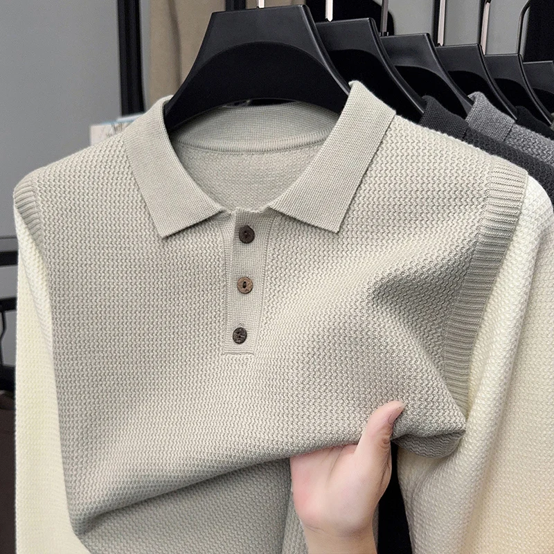 High end luxury knitted long sleeve T-shirt men's autumn winter fashion personalized splicing design Korean casual lapel sweater