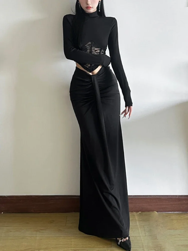 2025 wysokiej talii solidna seksowna damska długie spódnice Y2k estetyczna wiosna plisowana spódnica w stylu Harajuku Streetwear Bodycon wróżka Grunge Faldas