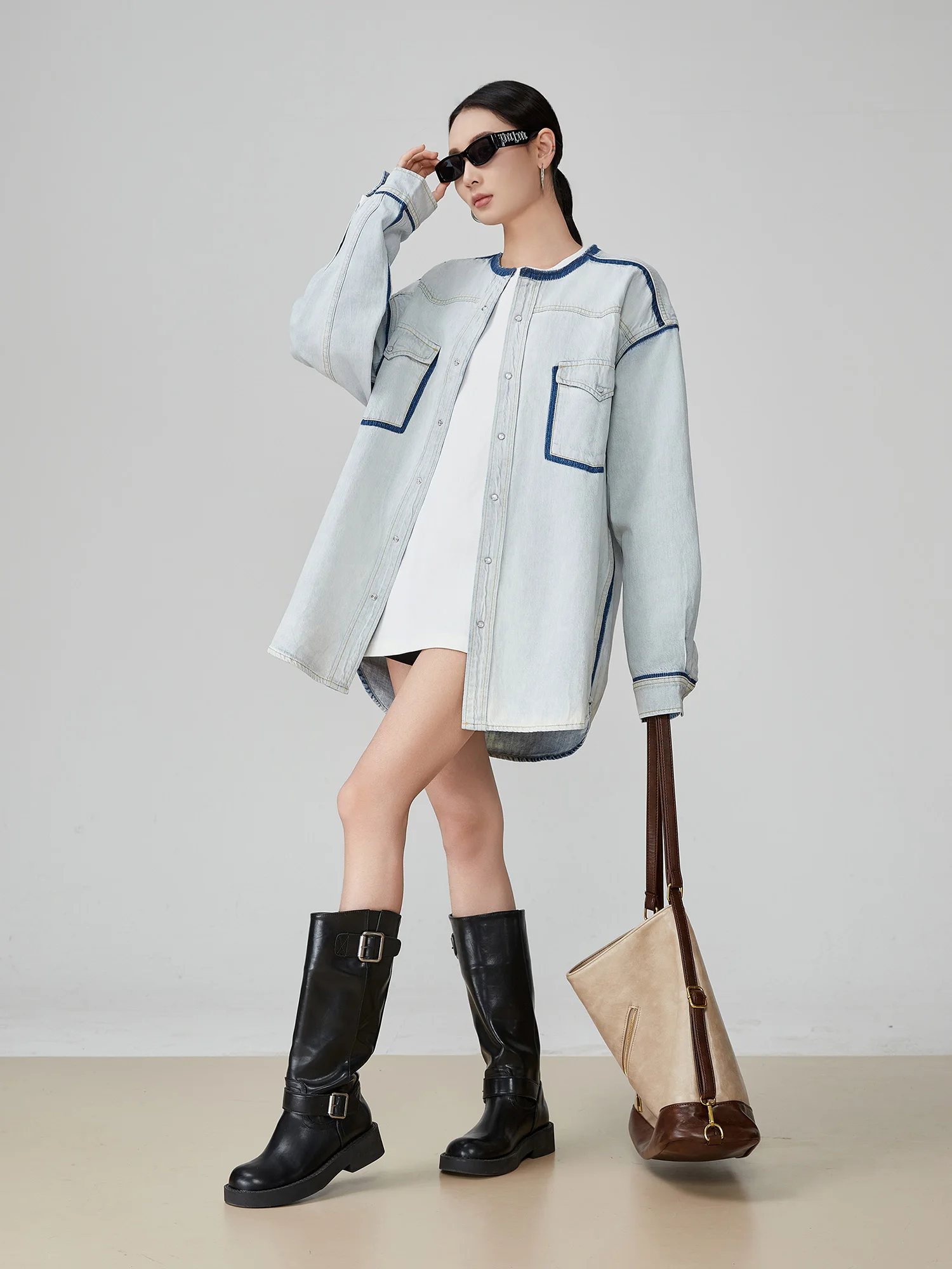 

Светло-голубая тонкая джинсовая куртка-рубашка для женщин, новинка ранней весны, свободный крой, топ из полиэфирного волокна с длинными рукавами и круглым вырезом