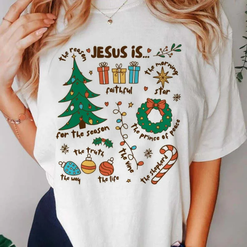 Jesus Is The Reason For The Season Religious Christmas Women's Printed Short Sleeve Casual 90s Cartoon Fashion Pattern Top T-Shi