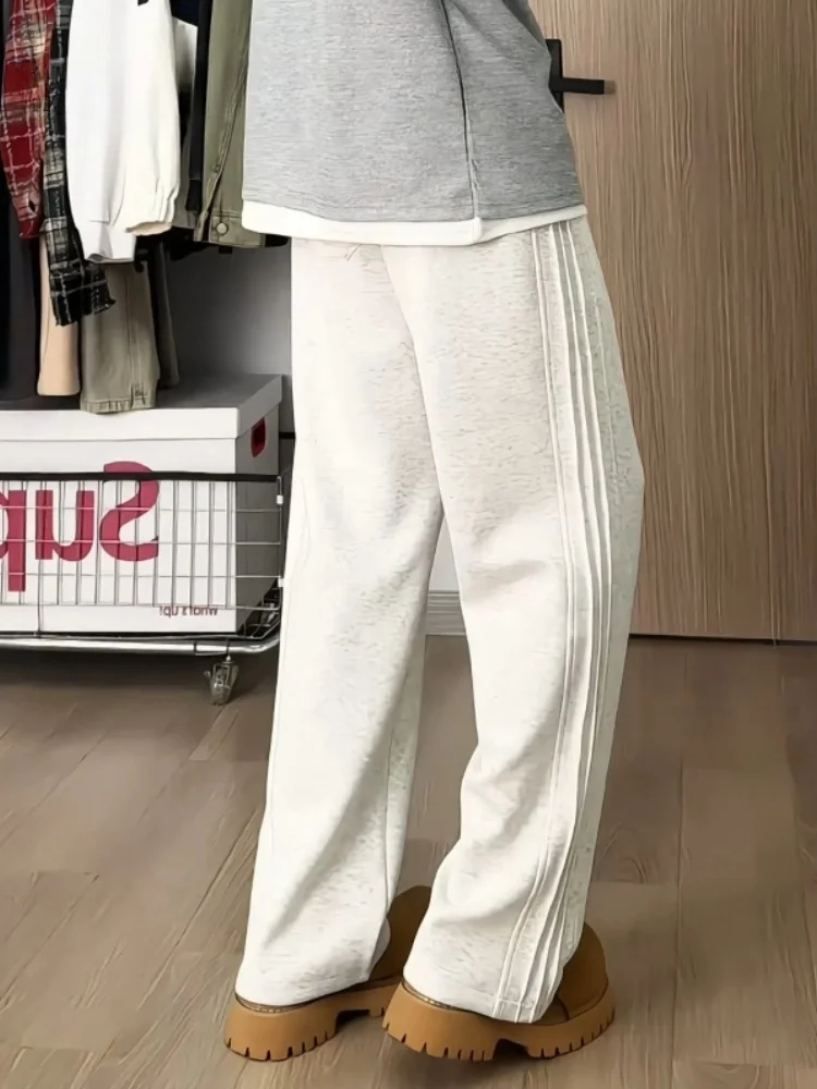 

Gray Striped Fleece Lined Straight Leg Casual Pants Men's Autumn Winter American High Street Lazy Style Sportswear Trousers