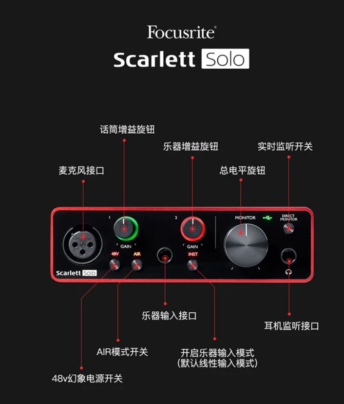 Imagem -03 - Focusrite Scarlett Solo 3rd Gen Interface de Áudio Usb Placa de Som Externo Gravação Guitarra Fone de Ouvido Amplificador Externo Microfone Preamp