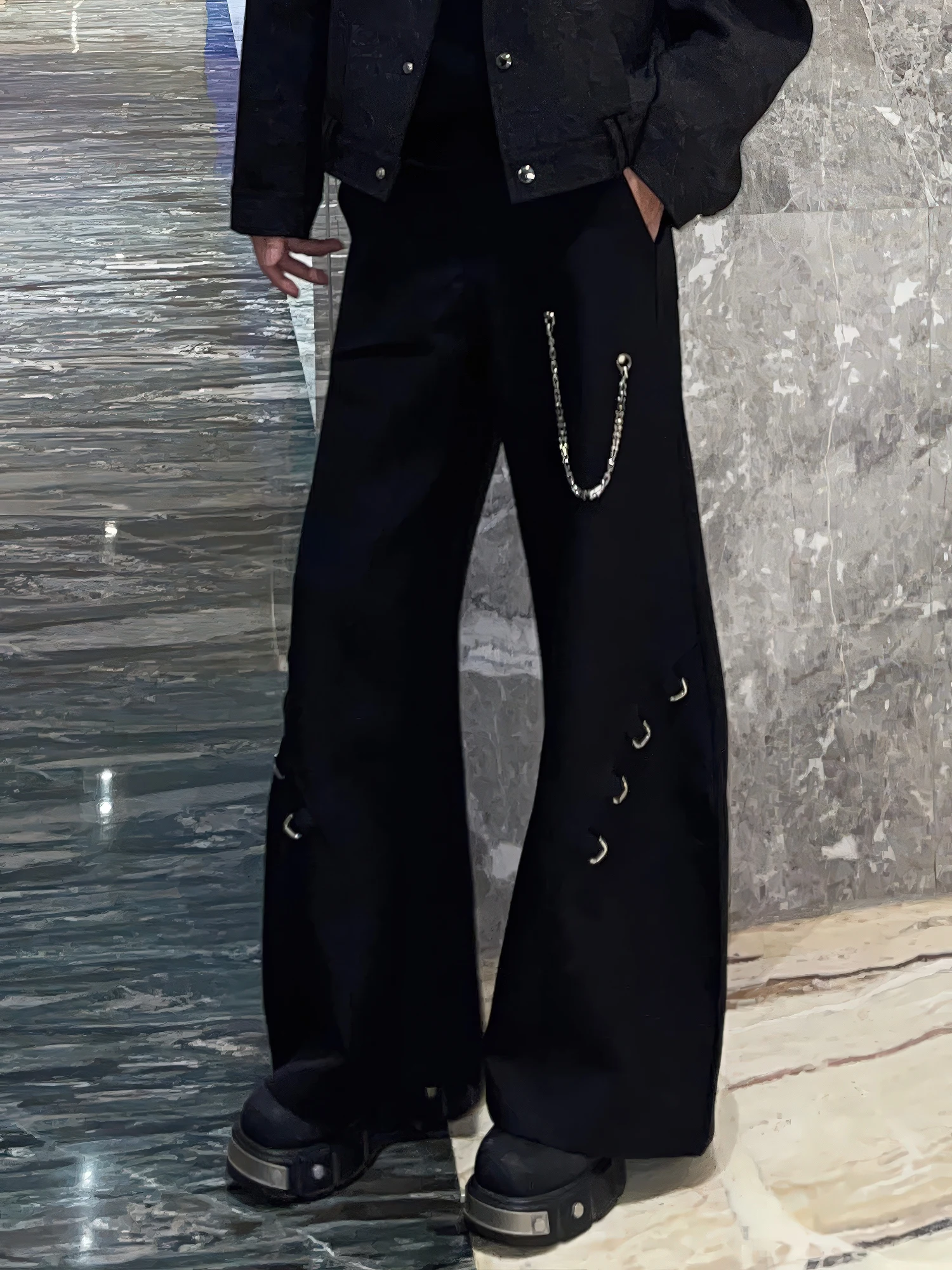 New Korean Version of Black Wide-leg Trousers Men's Trend Rivet Splicing Lanyard Design Sense Loose Versatile Scimitar Trousers