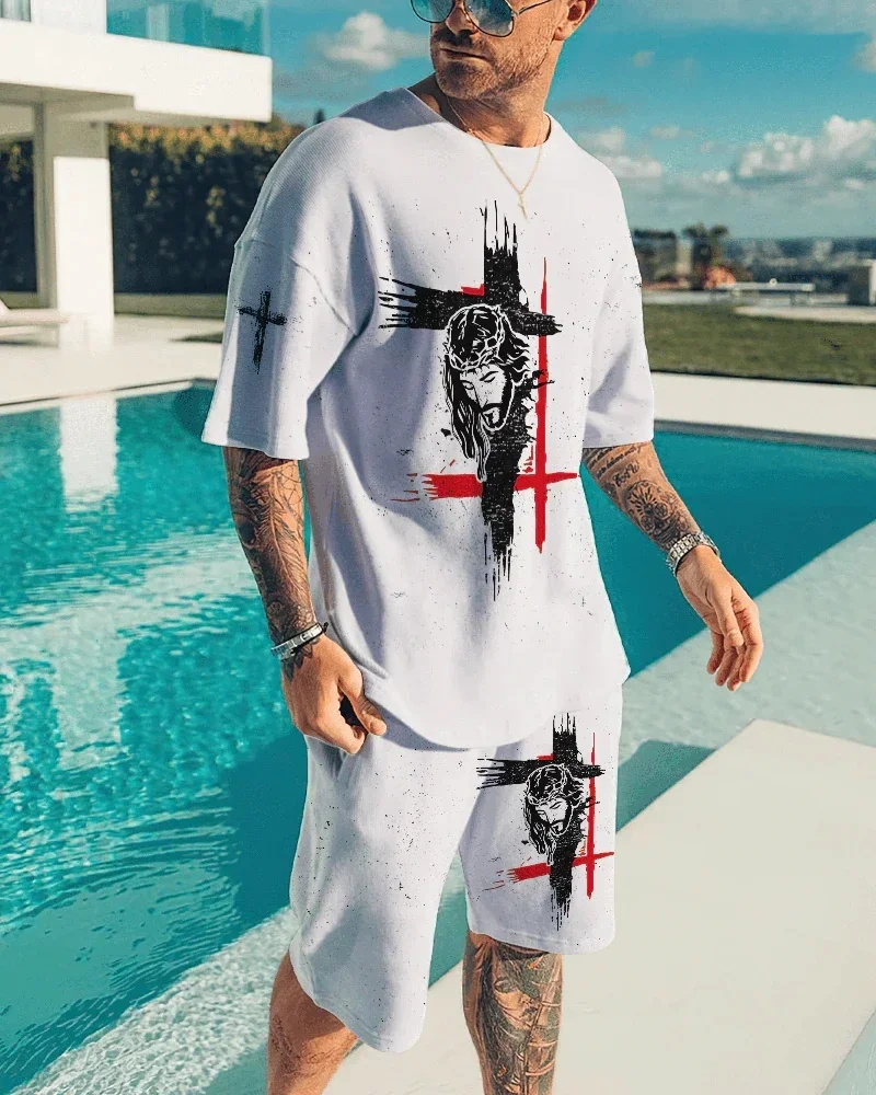 New T-Shirt Oversized Loose Summer Men\'s Clothes Retro Short Sleeve Fashion Black and White Face 3D Pattern Street Neck Top