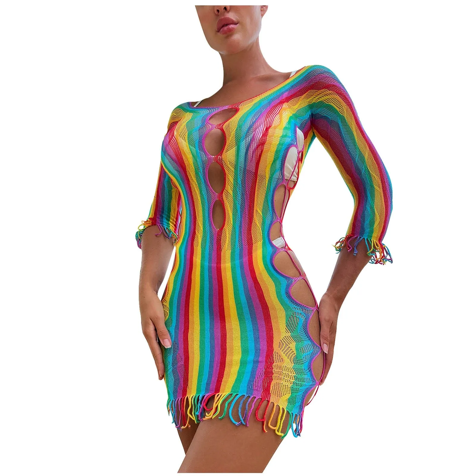 Mulheres Sexy Lingerie Bikini Cover Up, Multicolor Arco-íris Fishnet Bodysuit, Beachwear, Camisola, Trajes transparentes, Vestido de corpo