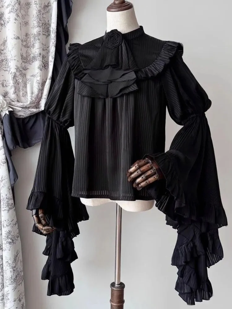 Zwart Wit Lolita Hoge Taille A-lijn Japanse Rokken voor Vrouwen Kawaii Zoete Ruche Kostuum Patchwork Kant Vintage Lange Rok