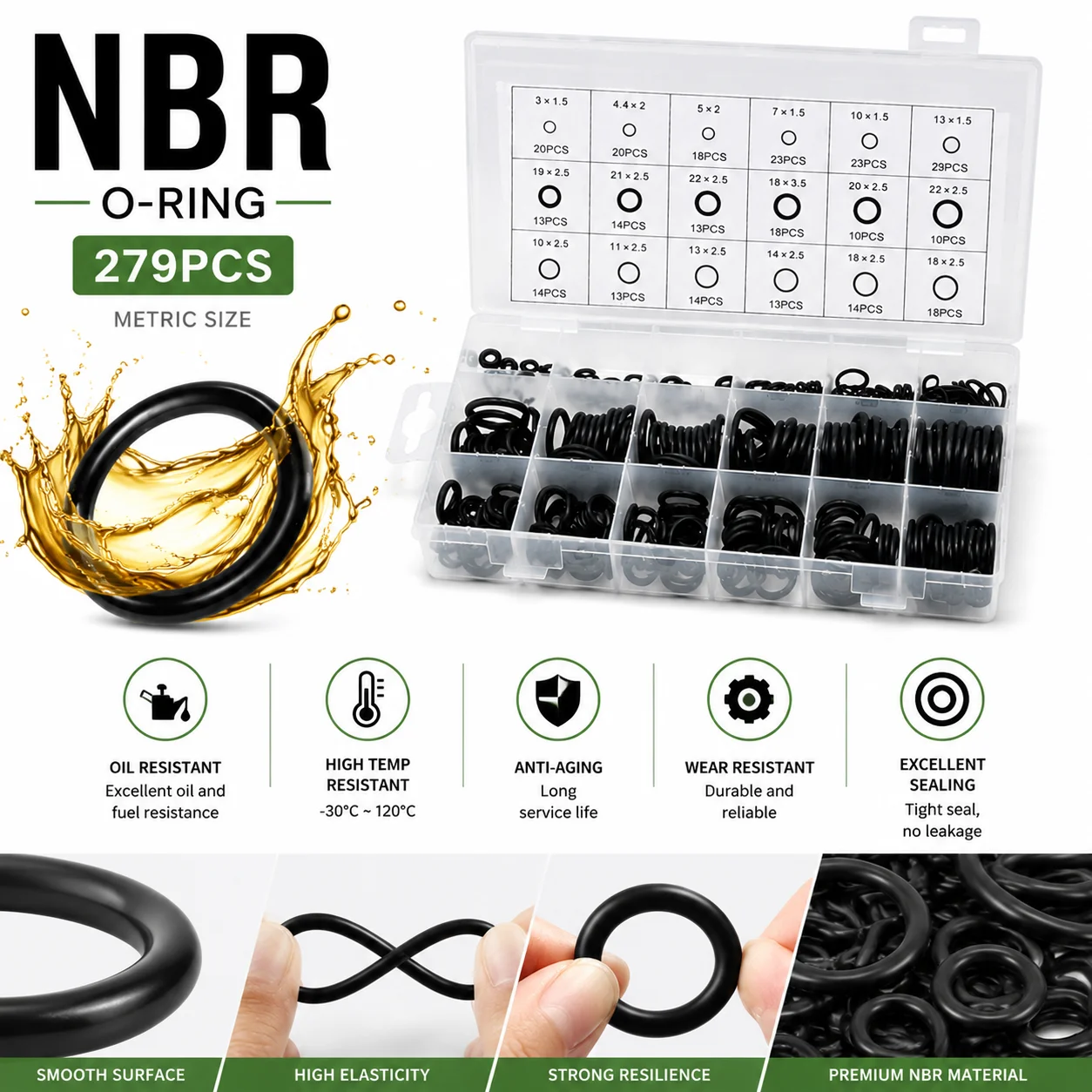 279 Pieces of NBR Sealing Kit Rubber Ring CS 1.5-3.5mm Outer Diameter 3-22mm Waterproof Engineering Machinery Maintenance