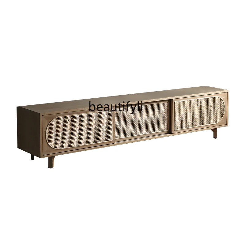 

Nordic Style Solid Wood Rattan TV Cabinet Small Apartment Living Room Integrated Wall Audio-Visual Cabinet