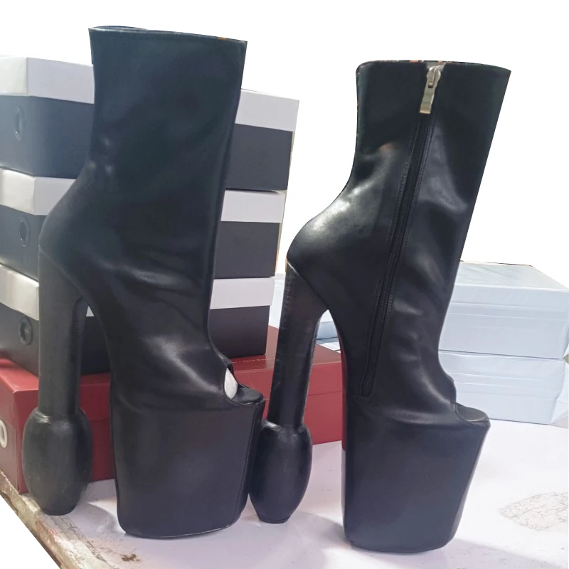 DIZHUANG Sexy women's high heels boots. Black leather boots. About 25 cm heel height. Strange style heels. Peep toe boots.34-46