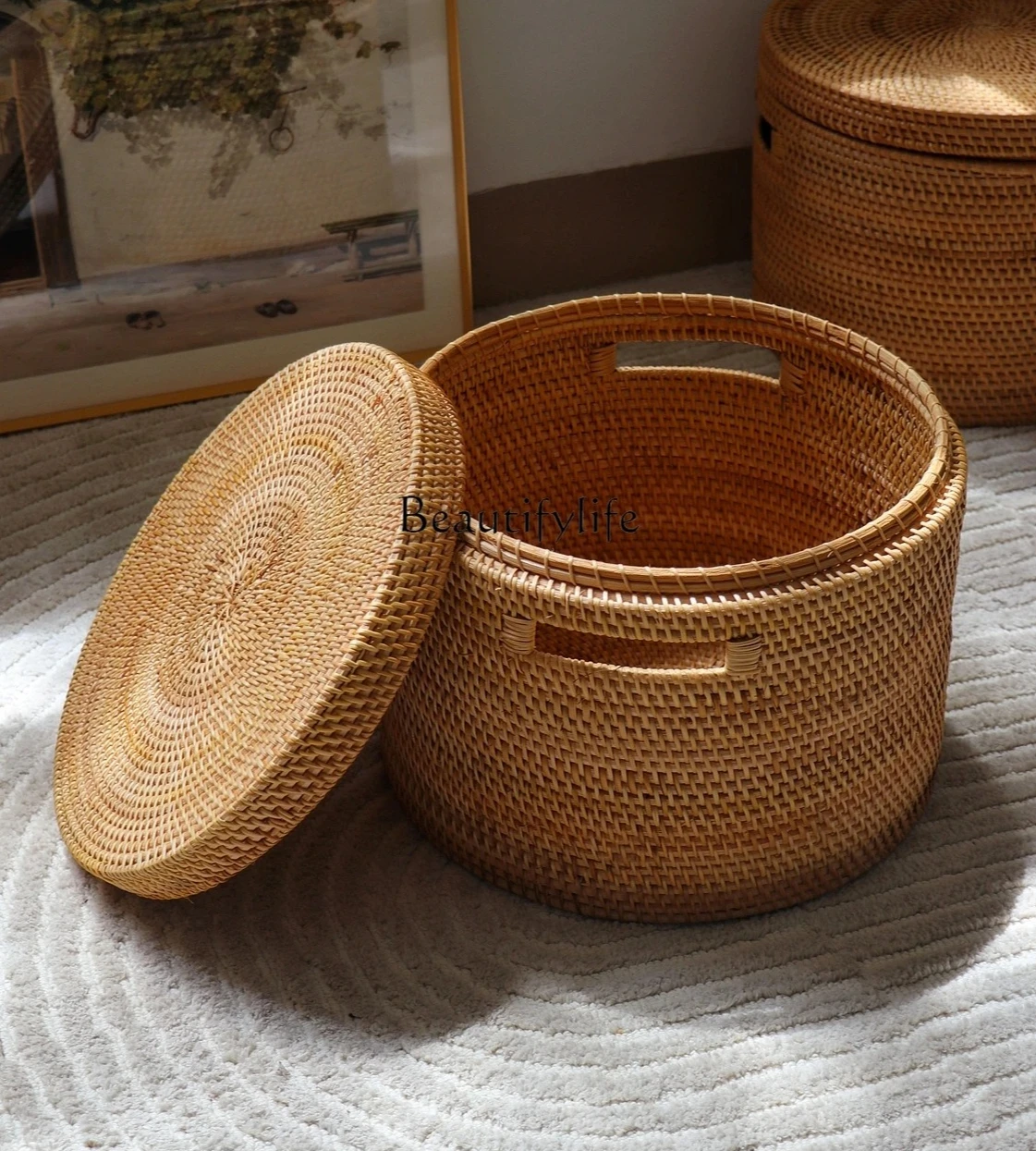 

4Handmade rattan storage basket, desktop storage, American retro Nordic dust-proof sundries storage box